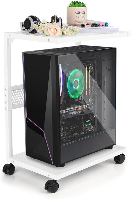 Bfttlity PC Stand Computer Tower Stand 2-Tier Metal CPU Holder with Locking Caster Wheels Suitable for Most PC (S,White)