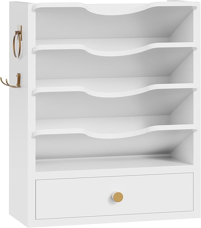 HOOBRO Wall File Organizer, Mail Organizer Wall Mounted, Wooden Literature Organizer, Construction Paper Organizer with Drawer Storage and 2 Hooks, for Office, Classroom, Home, White WT14WF01