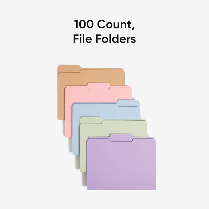 Smead Standard File Folders, 100 Count, Assorted Pastel Colors, 1/3-Cut Tabs, Letter Size (11953)