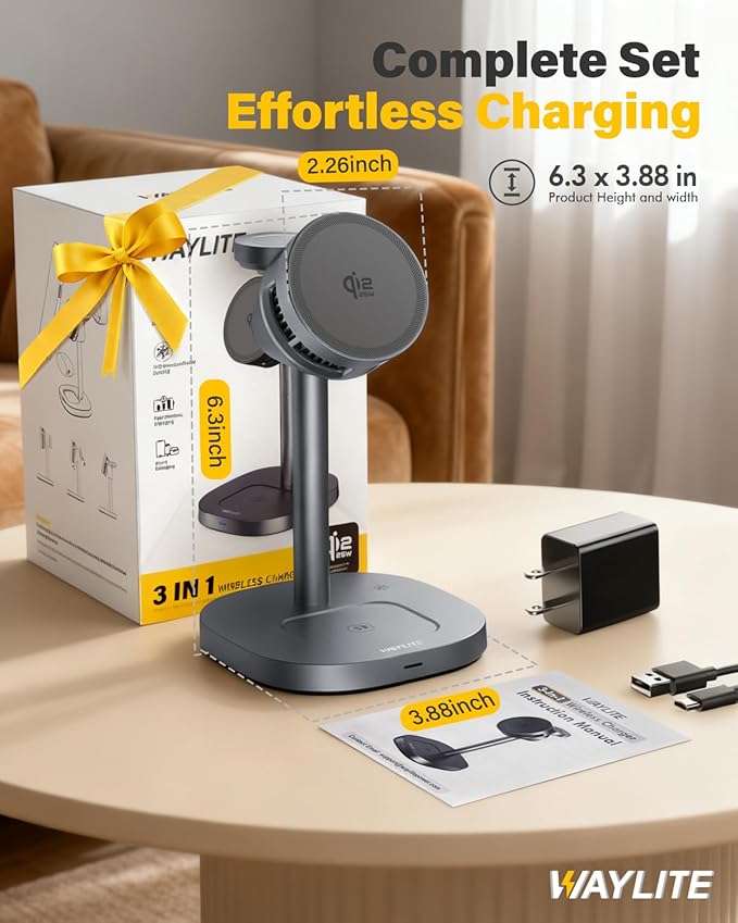 25W Qi2.2 Fast Wireless Charger Stand for Apple MagSafe Charger, 3 in 1 Charging Station with TEC Cooling, Magnetic Wireless Charger for iPhone17/16/15/14/13/12, Apple Watch, AirPods, Gifts for Men