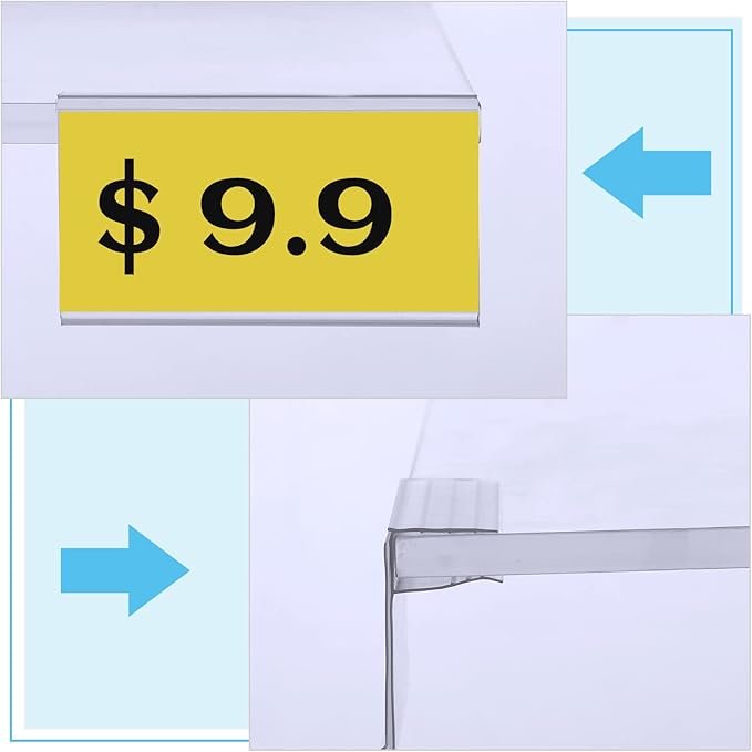Qunclay 200 Pcs Shelf Label Holder Glass Wood 1.25 x 3 Inches Clear Plastic Clip on Labels Shelf Tags for Wire Shelving 0.15'' to 0.4'' Shelves Sign Price Tags