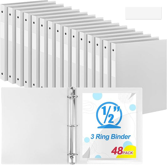 Henoyso 48 Pcs 3 Ring Binder 0.5 Inch Round Fits Letter Size 8.5'' x 11'' Paper Plastic Flexible Binder Bulk Holds 140 Sheets with 1 Pockets Versatile Organizer for Home Office School (White)