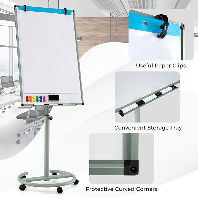 Goplus 40” x 26” Rolling Whiteboard, Height Adjustable Magnetic Dry Erase Board on Wheels with Round Stand, Paper Clips, Storage Tray, Paper Pad, Magnets, Markers, Mobile White Board for Office School