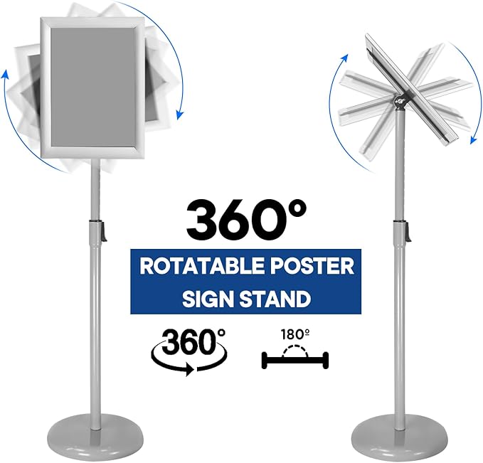 SENZHIYI Adjustable Poster Stand Holder Heavy Duty Snap Open Aluminum Pedestal Floor Standing Sign Holder Vertical and Horizontal View Sign Displayed, 11x17 Silver（2pack