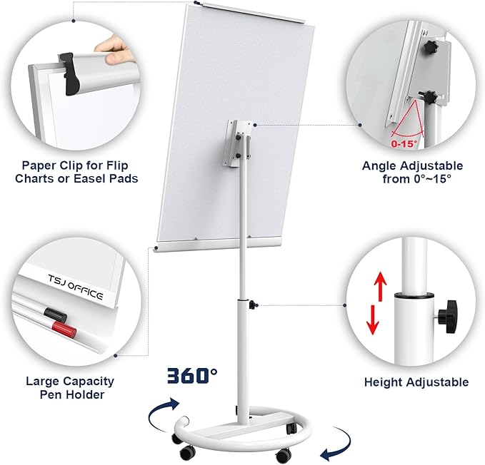 TSJ OFFICE Rolling Whiteboard Standing - 40 x 26 Inches Magnetic Mobile White Board with Stand, Height Adjustable Dry Erase Board on Wheels with Paper Clamp on Top, White