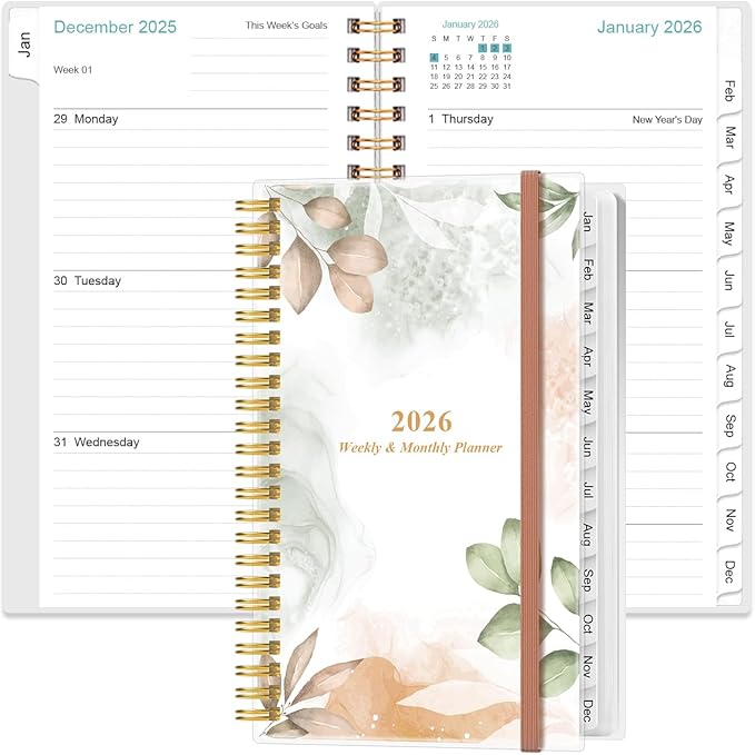 2026 Pocket Planner/Calendar - 2026 Planner from January 2026 - December 2026, Planner 2026 with 12 Tabs, Twin-Wire Binding, Inner Pocket, 3.75" x 6.75, Rose Leaf