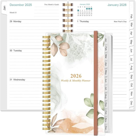 2026 Pocket Planner/Calendar - 2026 Planner from January 2026 - December 2026, Planner 2026 with 12 Tabs, Twin-Wire Binding, Inner Pocket, 3.75" x 6.75, Rose Leaf