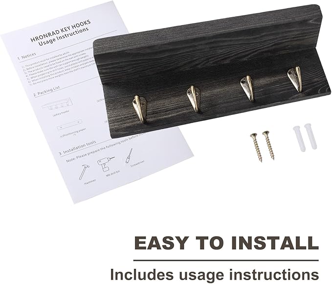 HRONRAD Rustic Key Holder for Wall, Farmhouse Wall Shelf with 4 Hooks, Wall Mounted Key Racks, Wooden Mail Organizer with Hooks for Entryway (Black - Pine)