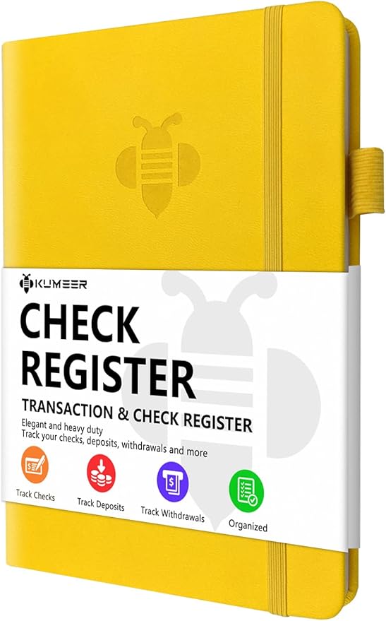 KUMEER Check Register – Elegant Check Registers for Personal Checkbook with Check & Transaction Registers, Hardcover Checkbook Log 5.2x7.6" (Yellow)