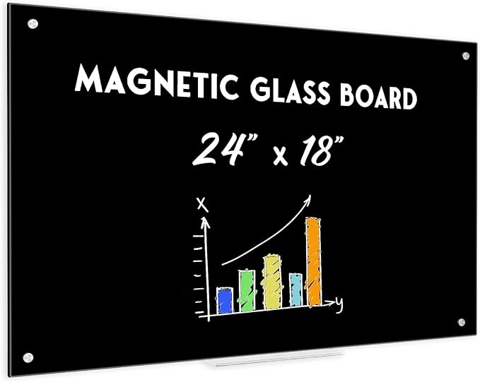 Black Dry Erase Board, 24" x 18" Magnetic Glass Whiteboard for Wall, Black Glass White Board with 1 Marker Tray and 3 Magnets for Office, Home, Classroom
