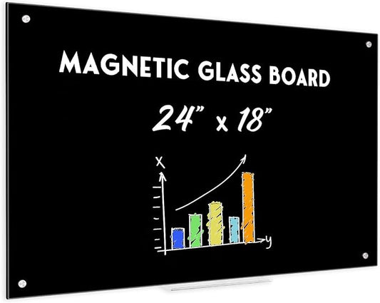 Black Dry Erase Board, 24" x 18" Magnetic Glass Whiteboard for Wall, Black Glass White Board with 1 Marker Tray and 3 Magnets for Office, Home, Classroom