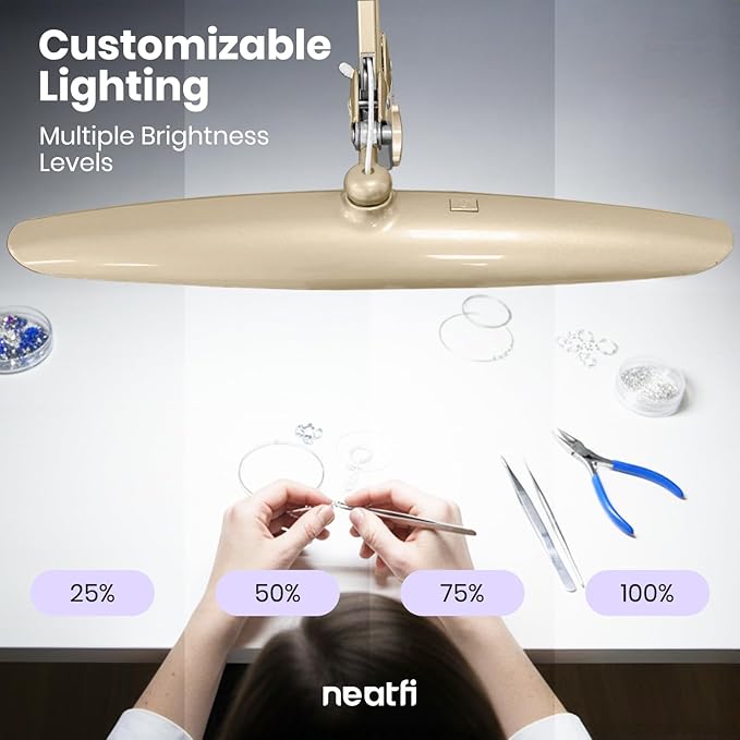 Neatfi XL 2,200 Lumens LED Desk Lamp with Clamp, 24 Watt Bright Architect Task Lamp, 20 Inches Dimmable Computer Light, Adjustable Desk Light for Home, Office, Crafts, Nails & Hobbies (Non-CCT, Gold)