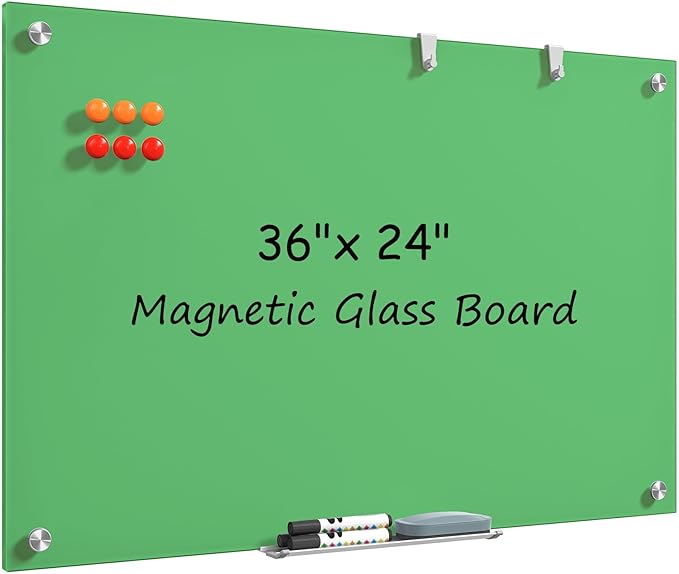 MaxGear Glass Whiteboard, Tempered Magnetic Dry Erase Board Green, Frameless Wall Mounted, Office Classroom Conference Room Home Use, Includes Markers, Eraser, Magnets & Mounting Kit