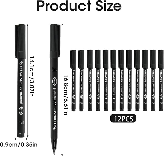 12 Pack Fine Point Black Permanent Marker Pens 0.6mm, Quick-Dry Waterproof Ink for Writing Drawing Labeling on Plastic Wood Metal Glass, Long-Lasting Fine-Tip Markers for Office School Home Crafts