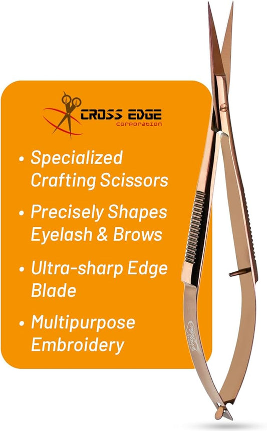 Cross Edge Spring Scissors 5 Inch straight Stainless Steel Precision Eyebrow & Eyelash Shaping & Trimming Scissor, Snips Squeeze, Embroidery, Knitting Micro Tip Craft Scissors (Rose Gold)