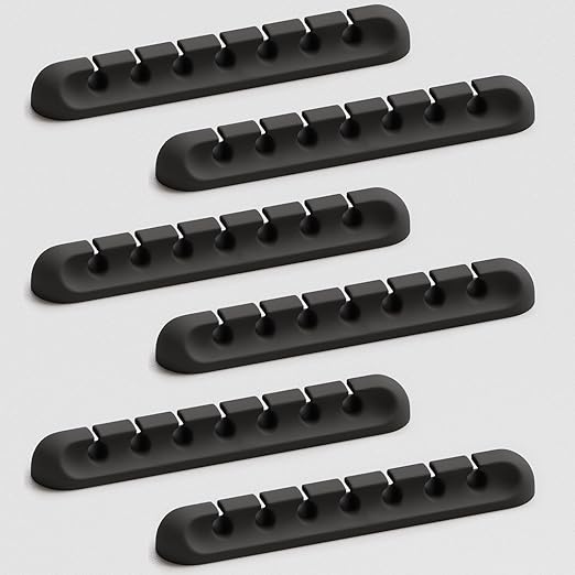 Apromisith USB Cable Organizer Clips Cord Holder,6 Packs (7-Slots) Black Self Adhesive Desk Cord Cable Management