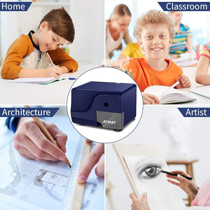 AFMAT Electric Pencil Sharpener Heavy Duty, Colored Pencil Sharpners for 6-8mm Pencils, Fast Sharpen in 3-5s, 3 Sharpness Setting, 10,000+ Sharpenings for Classroom, School, Home, Blue PS107