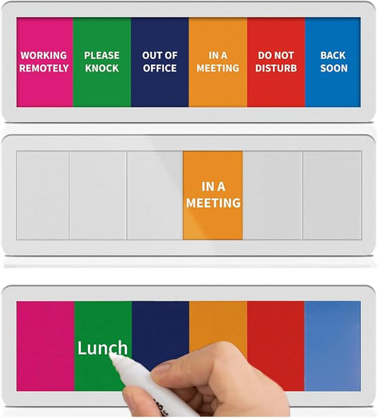 Office Door Signs with 6 Printed Status Options – Do Not Disturb, Out of Office, In a Meeting, Please Knock, Work from Home, Back Soon – Includes Custom Personalized Blank Sticker for Privacy Workspace or Studio Available and Away
