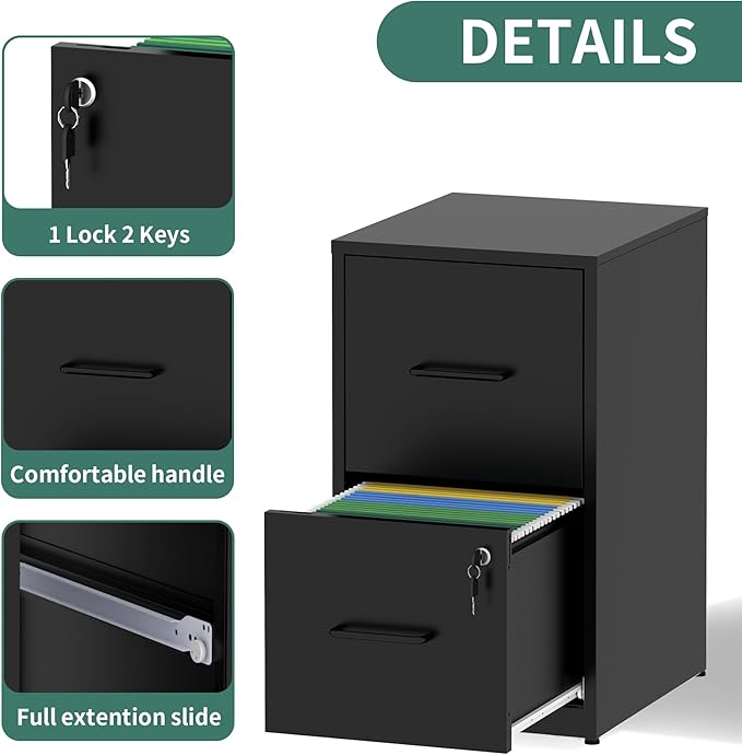 FLIXELIO 2 Drawer File Cabinet with Lock,Metal Vertical Filing Cabinets for Home Office,Heavy Duty File Storage Cabinet for Letter/Legal/A4/F4 Size File,Assembly Require (Black, Vertical 2 Drawer)