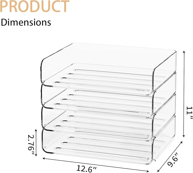 FANXIYQ 4-Tier Acrylic Paper Tray Organizer - Low-Profile Desk File Sorter for Office/Home, Clear Stackable Letter Tray for Bills, Crafts, Notebooks