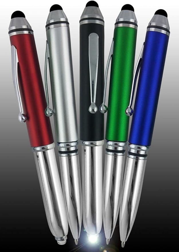 Promotional Pens with Personalized Text or Custom Business Logo- Bulk 150 Pack- for Marketing, Parties, and Events, 3 in 1 LED Flashlight + Ballpoint Pen + Stylus for Touchscreen Devices, Assorted