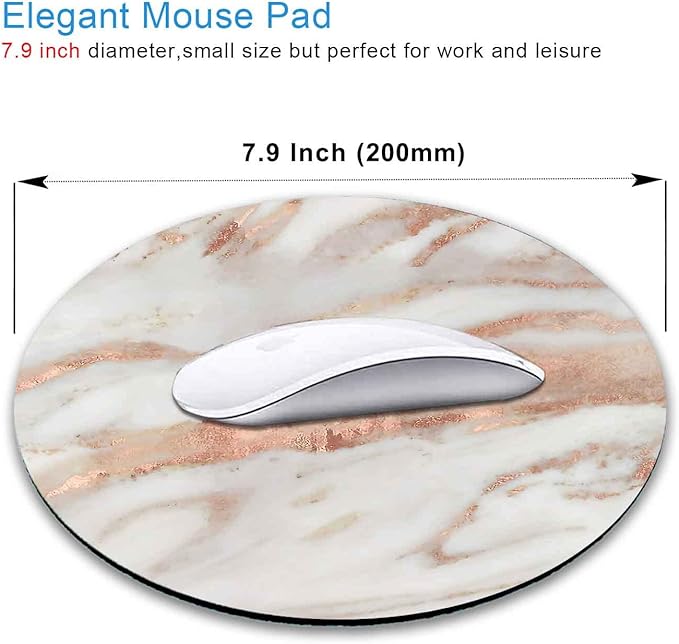 IMAYONDIA Round Mouse Pad, White and Rose Gold Marble Mouse Pad, Non-Slip Rubber Base Mousepad for Wireless Mouse, Small Computer Travel Mouse Mat for Men Women Kids, Abstract Metal Luxury Texture