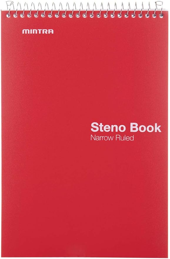 Mintra Office Steno Book - (Primary Colors, 8 Pads/Pack, Narrow Ruled) - Colorful Poly Covesr, 6" x 9", 100 sheets, Writing Notes for school, office, work, 6x9 steno notepad, top bound spiral (8 PACK)