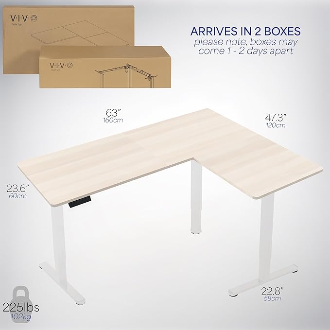 VIVO Electric Corner 63 x 47 inch L-Shaped Standing Desk, Memory Height Adjustment, Light Wood Top White Frame, DESK-E3CTWC-47