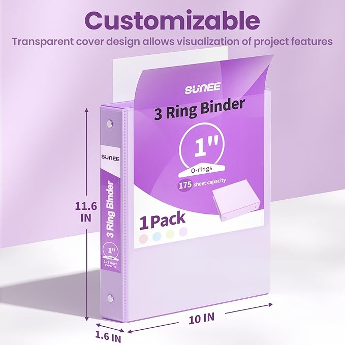 SUNEE 3 Ring Binder 1 Inch 1 Pack, Clear View Binder Three Ring PVC-Free (Fit 8.5x11 Inches) for School or Office Supplies, Purple
