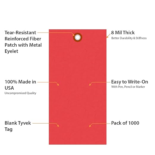 SmartSign (Pack of 1000) 6.25 x 3.125 inch “Red” Blank Tyvek Shipping Tags with Metal Eyelets, Size #8, 8 mil Thick Tyvek