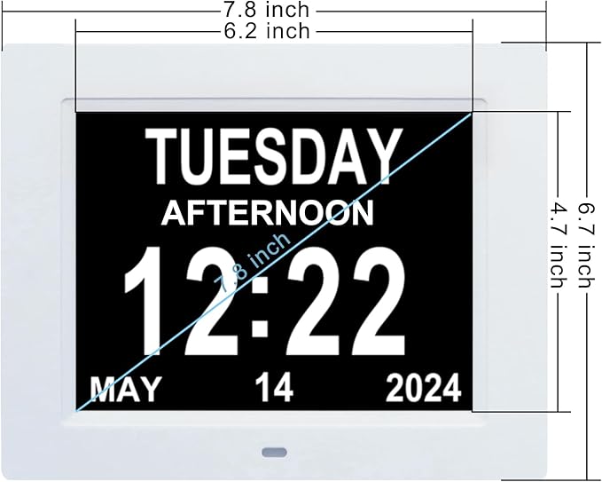 TMC 8 Inch Digital Dementia Clock for Seniors, Large Calendar with Day Date & Week Display, 5 Alarms + 3 Medicine Reminders, Plays SD Card Video, Wall Mountable, Detachable Stand (White, SD)