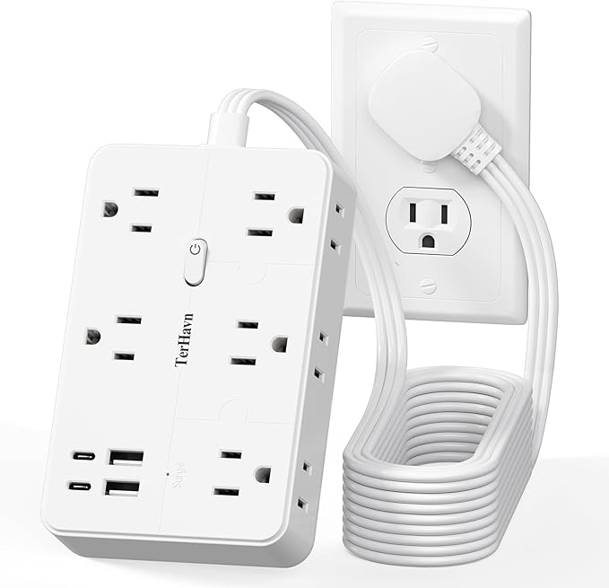 Surge Protector Power Strip-TerHavn 15 FT Flat Extension Cord ，10 AC Outlets & 4 USB Ports(3.4A 17W), 1080J ，Wall Mountable Desktop Charging Station with Flat Plug for Office Supplies and Home, White