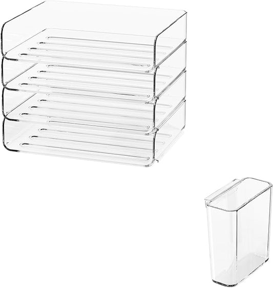 FANXIYQ 4-Tier Stackable Paper Tray Organizer for Desk with Detachable Hanging Pen Cup - Durable PET Desktop Paper Organizer, Space-Saving Desk Accessory