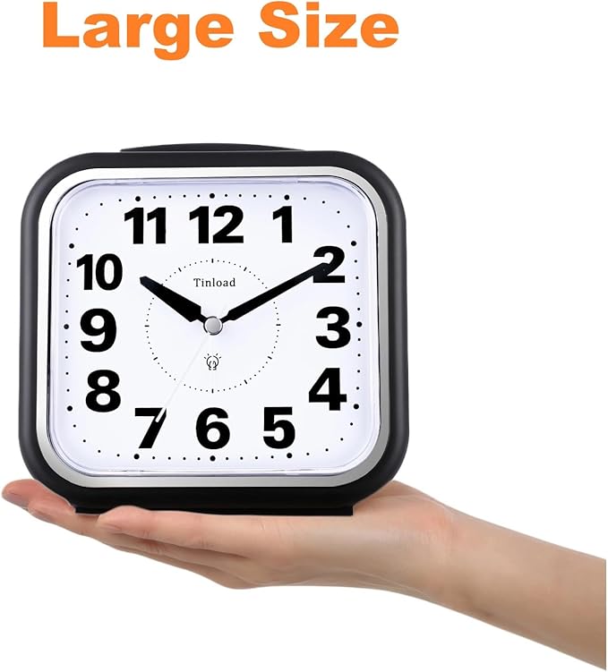 Tinload 5.5" Large No Ticking Analog Alarm Clock,Silent Readable for Seniors,Easy to Set,Gradual Rise Alarm,Big Numbers,Gentle Wake,Snooze, Lighted on Demand,Battery Operated,Black