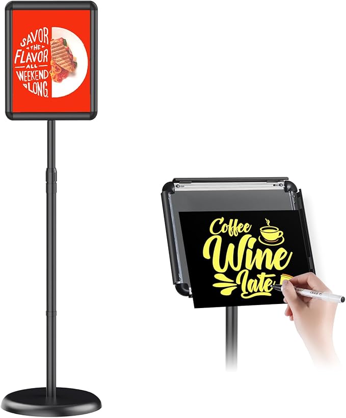 Newzueby Adjustable Pedestal Floor Stand Sign Holder for 8.5*11 inches Poster or chalk board, Snap open frame,360° Rotation,Outdoor Indoor Standing Display Sign Holders for advertising ,Black