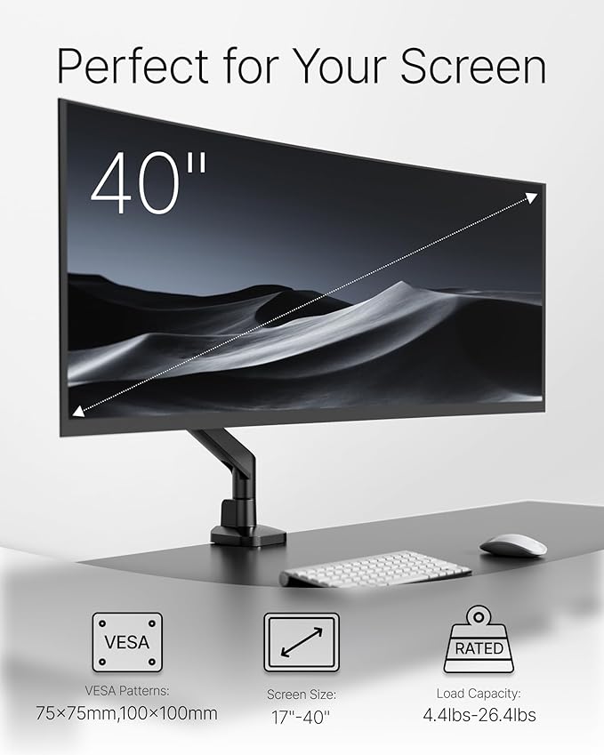 monTEK Deluxe Monitor Arm up to 40 Inch Holds 26.4 lbs Curved Screens Aluminum Fully Motion Adjustable Single Monitor Stand with Clamp/Grommet Desk Mount, Quick Release Plate,75/100mm VESA, MA1008BK
