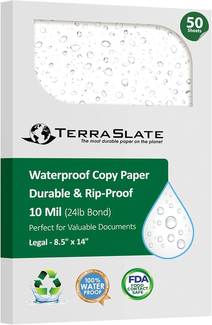 TerraSlate Printable Waterproof Paper for Laser Printer, 10 MIL 8.5" x 14", 50 Sheets, Matte White Printer Paper, Rip-Resistant, Weather/Rain Proof Copy Paper