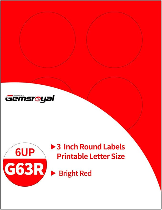 Gemsroyal 3 Inch Bright Red Round Labels Printable,3" Red Color Coding Labels for Laser/Inkjet Printers,Colorful Round Stickers,180 Neon Circle Labels in Total,Letter Size