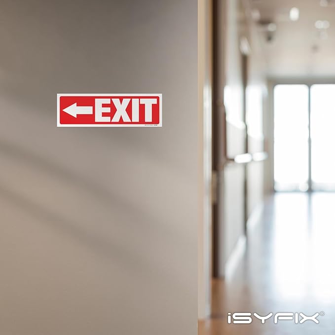 iSYFIX Exit Signs Stickers 12 Pack 12x4 Inch - Laminated Premium Vinyl Directional Left Arrow Signs for Buildings, Office, Workplace, Stores, Schools, Theaters, Parking, Restaurants, Factories