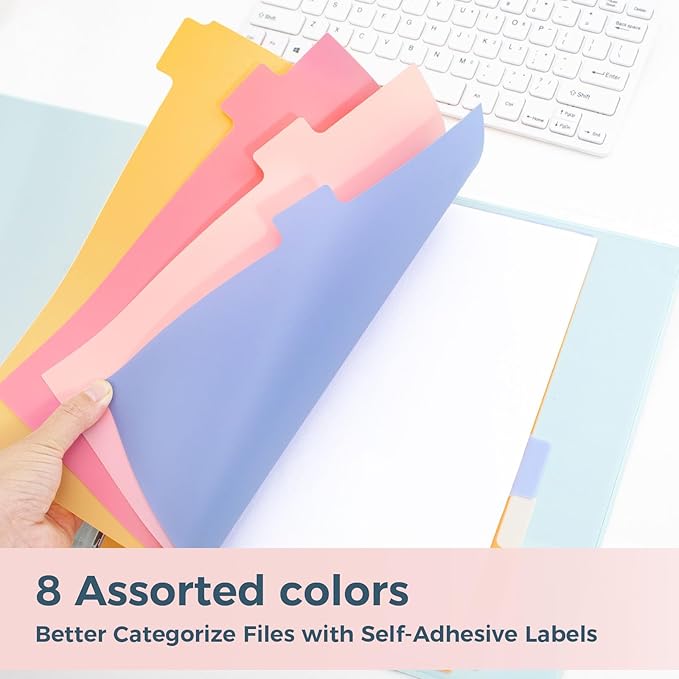 SUNEE 8 Tab Binder Dividers,Plastic Dividers for 3 Ring Binder,3 Ring Binder Dividers with Tabs for School Office Home Supplies,Pastel Color, 5 Set