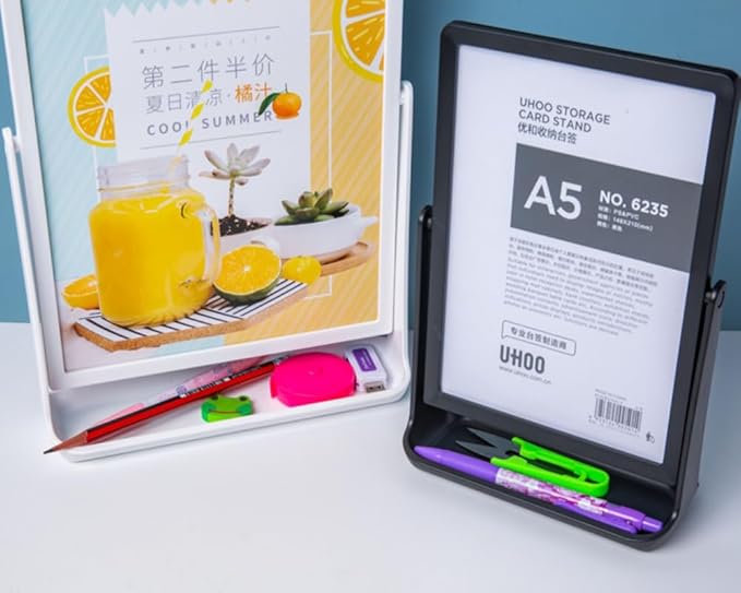 ECKEK ABS Plastic Sign Holder, Menu Displays T Shape Sign Stand, Rotating Display Stand for Ads, Menu, Photos, Business Card (White A5 148×210mm/ 5.83×8.27 inches)