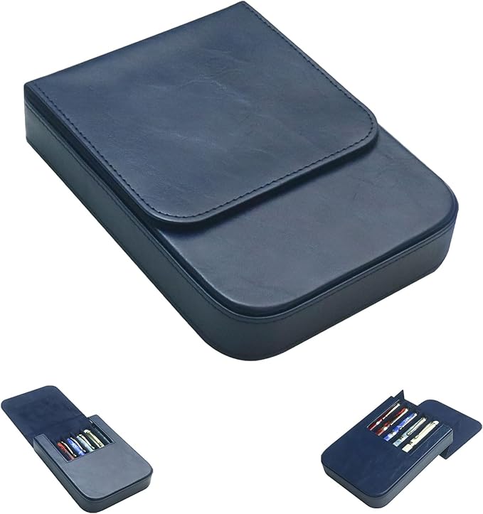 MIVLXLX Leather 6 Fountain Pen/Pencil Tray Case, Handmade, Magnetic Closure with Drawer Design, Gift Choice for Man/Woman/Office, 6 Slots（blue）