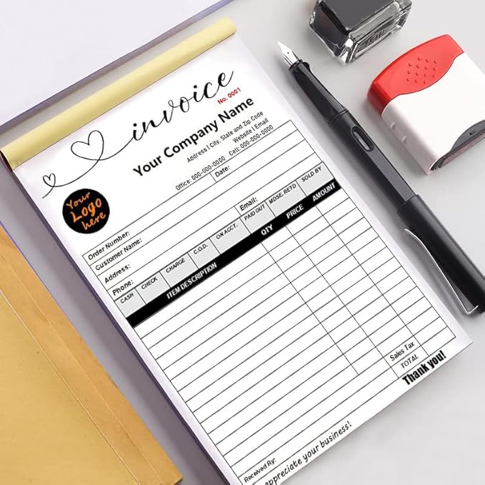 Custom Carbonless Sales Invoice Form Books for Small Business, Personalized NCR 3-Part Receipt Book with Carbon Copies, Cover Add Company Name, Address and Number Printed