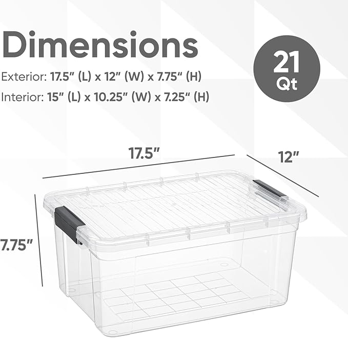 Superio Clear Storage Boxes with Lids, 21 Quart Plastic Container Bins for Organizing, Stackable Crates, BPA Free, Non Toxic, Odor Free, Organizers for Home, Office and Dorm, 4 Pack