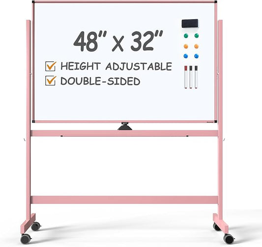 TSJ OFFICE Large Rolling Whiteboard - Dry Erase Magnetic 48 x 32 Inches White Board Height Adjust Double Sides Mobile Portable Easel on Wheels, Dry Erase Board with Stand for Office, Home & Classroom