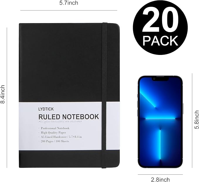 LYDTICK 20 Pack Journals for Writing College Ruled Notebooks Journal in Bulk, Hardcover Notebooks (200Pages) for Note Talking, Lined Bullet Journals for Home School Office, 5.7"x8.4", Black