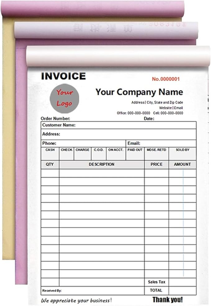 Custom Invoice Book in 3-Part /2-Part Receipt Book with Carbon Copies Personalized Carbonless Service Invoice Form Books Sales Order Book with Company Name Logo Address,A-Invoice Book with Logo
