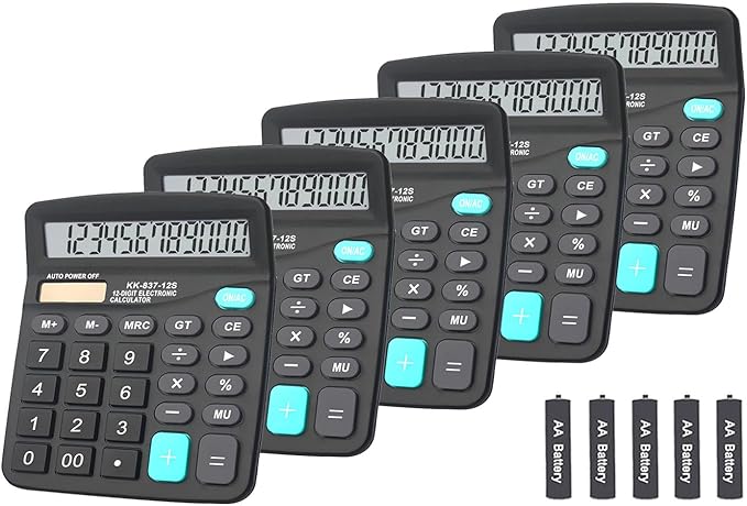 BESTWYA Calculators, Large Button Calculator with Angled LCD Display 12-Digit Dual Power Handheld Desktop Feature for Office, School, Home(Black, Pack of 5)