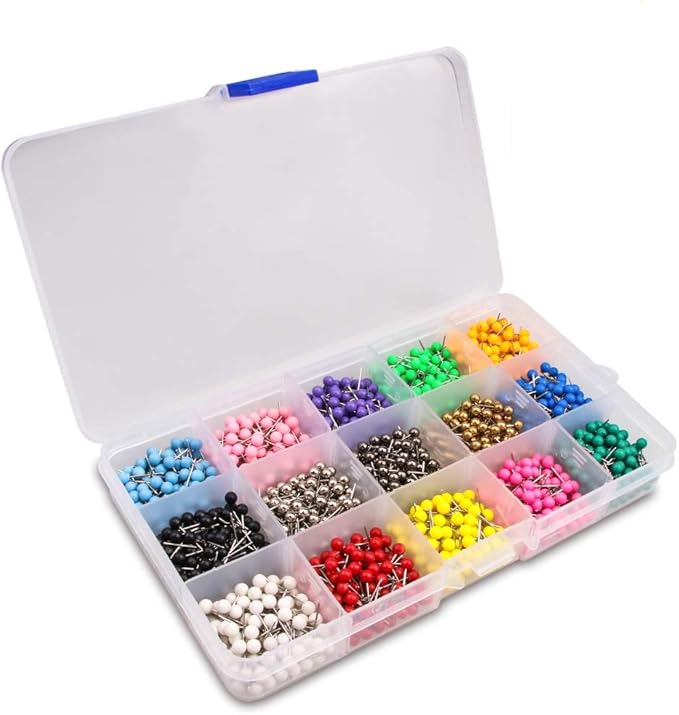 Yalis Push Pins Marking Map Tacks 1/8-Inch Plastic Beads Head, 15 Assorted Colors, 1500-count