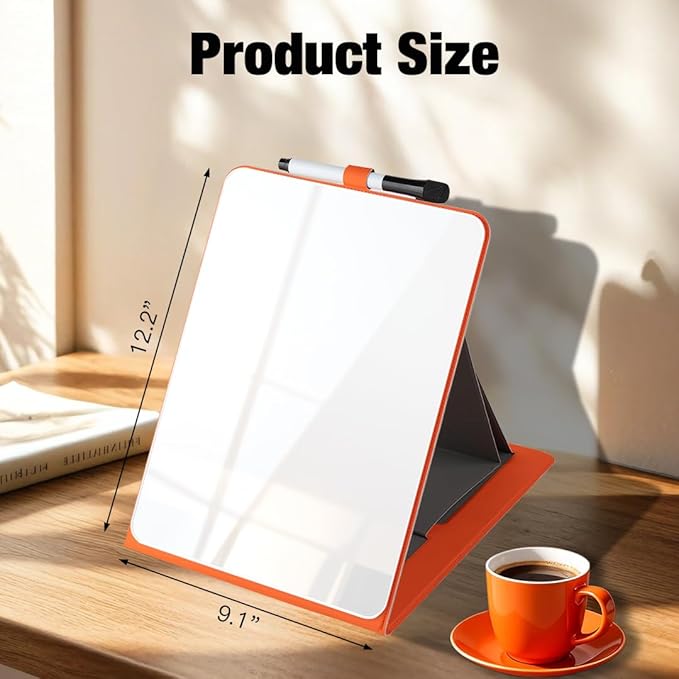 Glass Desktop Whiteboard with Reversable Stand, 12×9” Dry Erase White Board Easel with PU Cover Case, A4 Desk Notepad for Home Office School Supplies, Orange, 2026